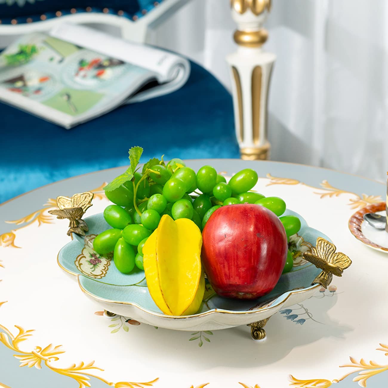 Plato de cerámica para Fruta con Borde de Mariposa Bandeja Decorativa para Servir postres Dulces Frutos Secos Platos de Almacenamiento Mesa de Centro,