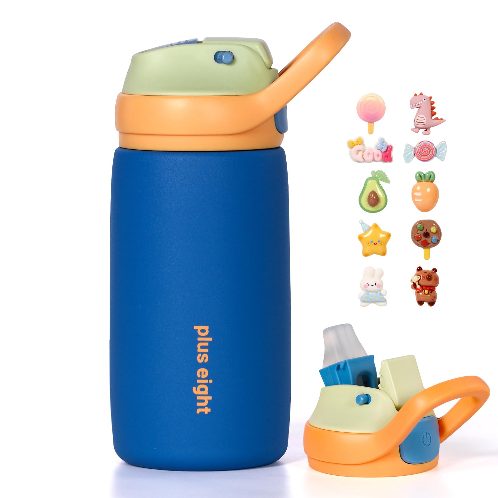 pluseight Kids Insulated Water Bottle with Straw Lid, 350ml BPA-Free Double Wall Vacuum Tumbler 18/8 Stainless Steel Leak Proof Keep Drinks 12h Hot & 18h Cold (Blue)