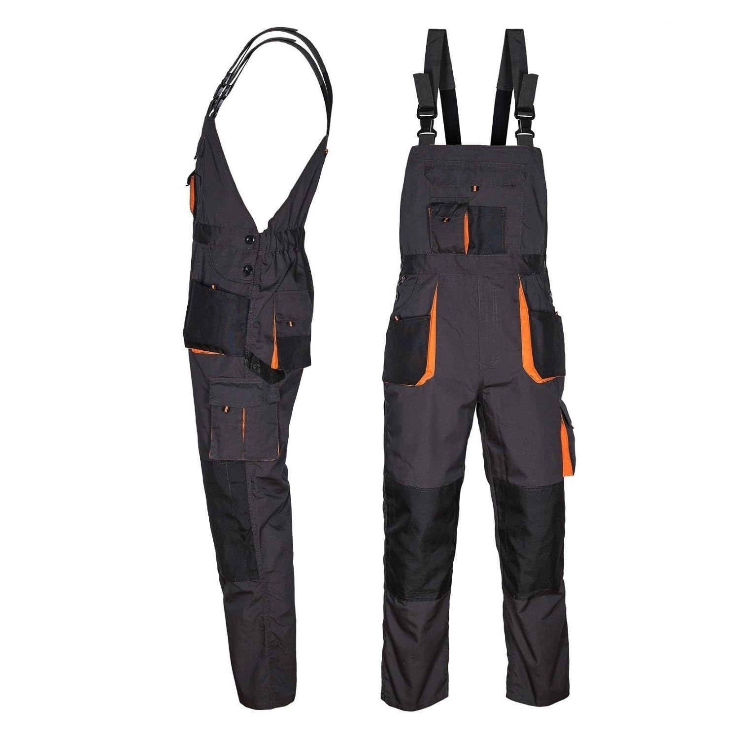 Salopette da lavoro da uomo, classica, multitasche, pantaloni regolabili in vita, bretelle larghe, fibbie solide, abbigliamento da lavoro rinforzato grigio - arancione