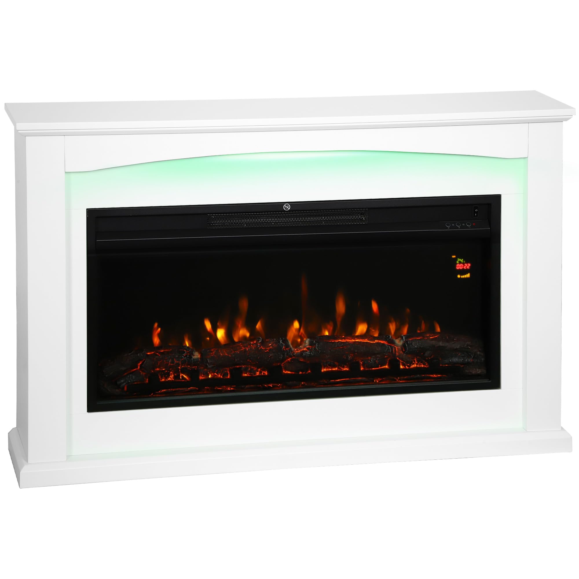 HOMCOM Caminetto elettrico 1000W/2000W, effetto fiamma con 5 luminosità regolabili, finto caminetto decorativo con mantello, termostato regolabile, telecomando, timer, fino a 30 m², bianco