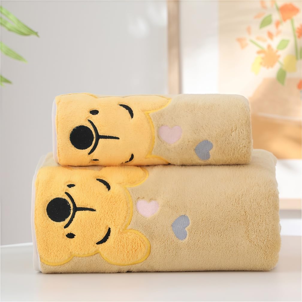 Wanym Kids Towels Bath Set, Quick Dry Reusable Face Towel, Absorbent and Soft Household Washcloth, Children Cartoon Bath Towel, Thickened Coral Fleece Bath Towel for Bath Time,Yellow,Towel+Bath Towel