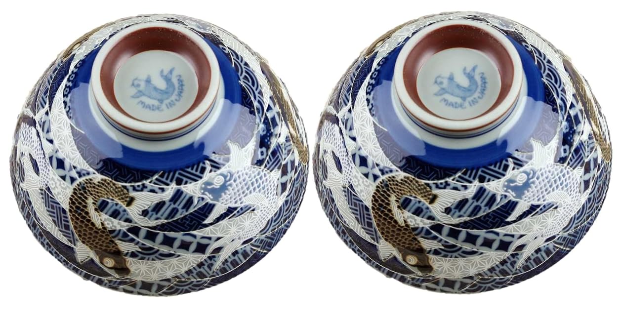 Japanese Mino Ware Ceramic Rice Bowl Set Carps Pattern 4.84 Inches Diameter x H2.64 Inches, 13.3 Fluid Ounces Chawan, Blue Set of 2 from Japan (Carps)