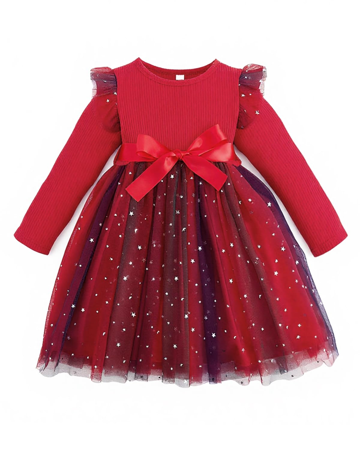 JiAmy Regenbogenkleider Mädchen Langarm Mädchenkleider Rippstrick Rainbow Tüllkleider Kinderkleid Rock mit Gürtel für 1-2T,Rot
