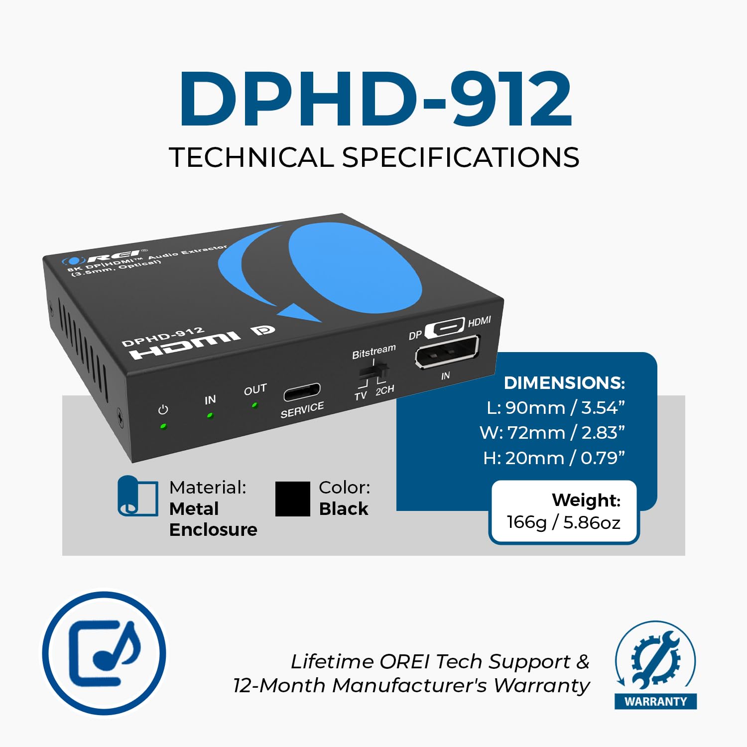 OREI 8K DP|Extractor y convertidor de audio HD - SPDIF + salida de 3.5 mm - HDCP 2.3 - 8K @30Hz DP / 4K @60Hz HDMI - Dolby Digital/DTS - CEC, HDR, Dolby Vision (DPHD-912)