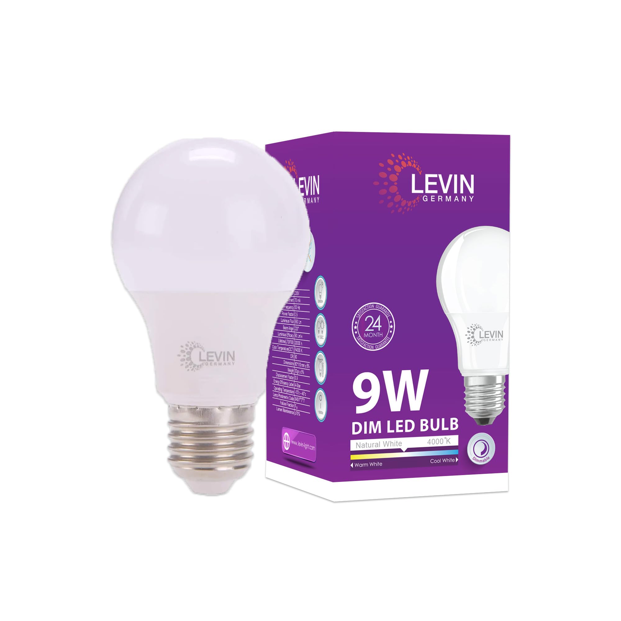 LEVINDimmable Germany A60 E27 LED Bulb, 9W, 850LM, Neutral White 4000K, High CRI>80, Energy-Efficient Lighting, 220-240Vac, Long-Lasting Performance, 2-Years Warranty