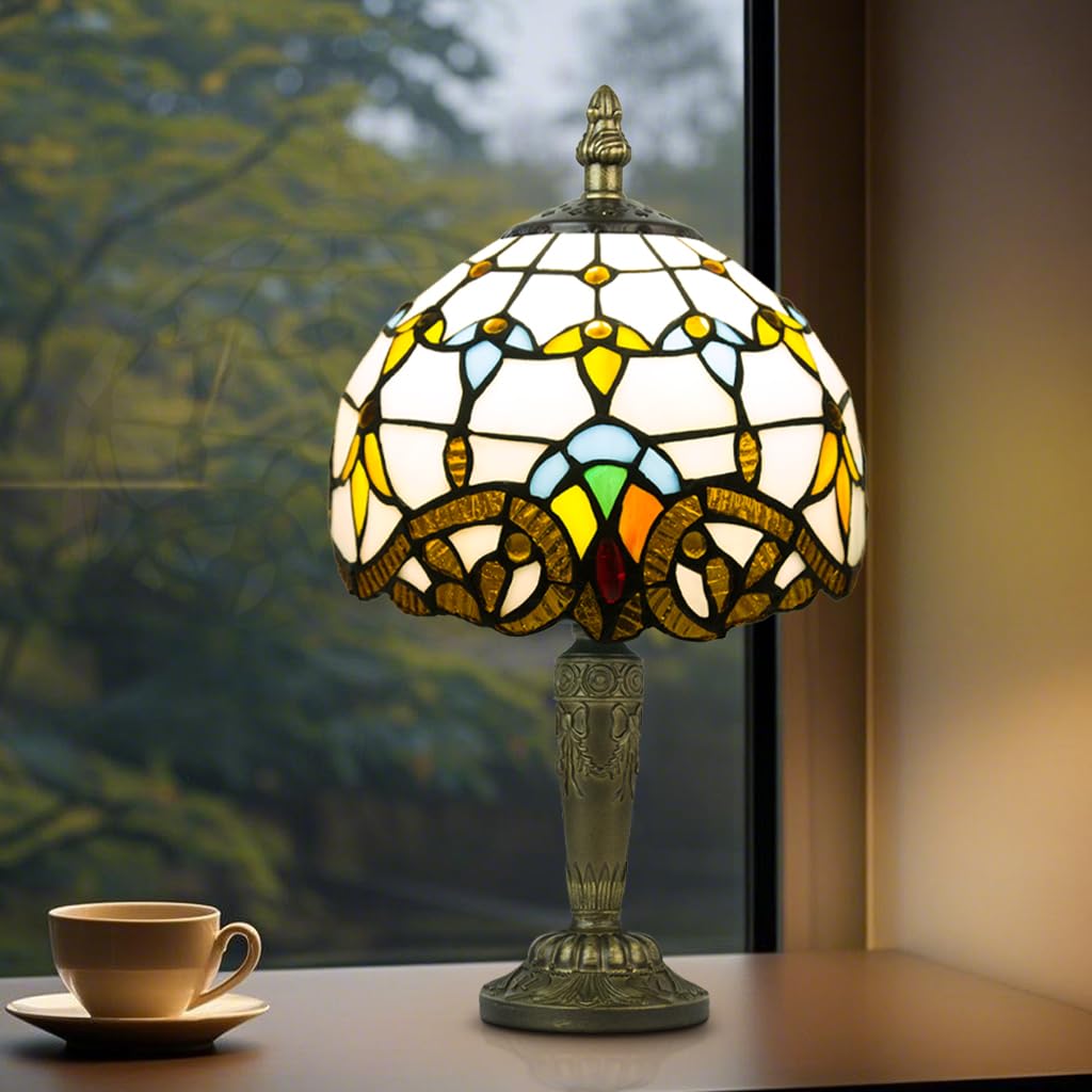 Crefotu Small Tiffany Style Table Lamp, 3 Color Temperatures Bedside Lamp, 8 Inch Stained Glass Desk Light for Home Office Bedroom Living Room (Beige Baroque) — image 1