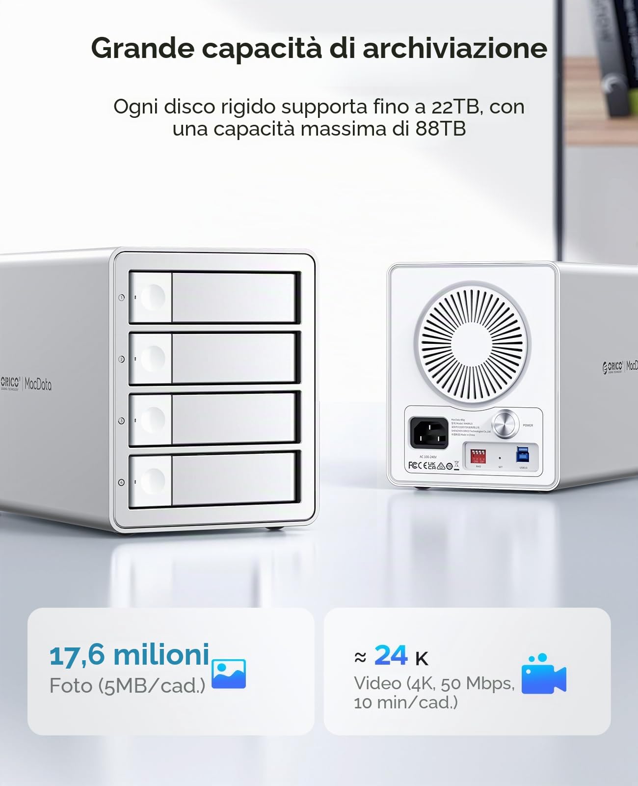 ORICO 4 Bay RAID Alloggiamento Esterno per Dischi Rigidi USB 3.0 per HDD/SSD SATA da 2,5/3,5 Pollici fino a 5 x 22 TB. Supporta RAID 0/1/3/5/10/JBOD/Clone/ClearMode -9948RU3