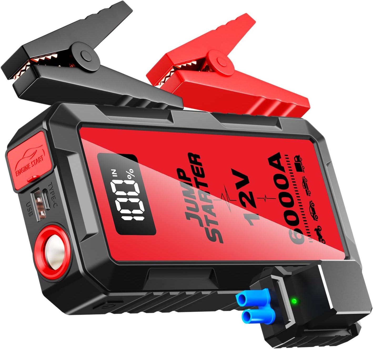 Car Jump Starter, 88.8wh Jump Starter Battery Pack 6000A (All Gas,up to 10.0L Diesel Engine) 12V Jumper Cables Portable Lithium Jump Box, USB Output and LED Light