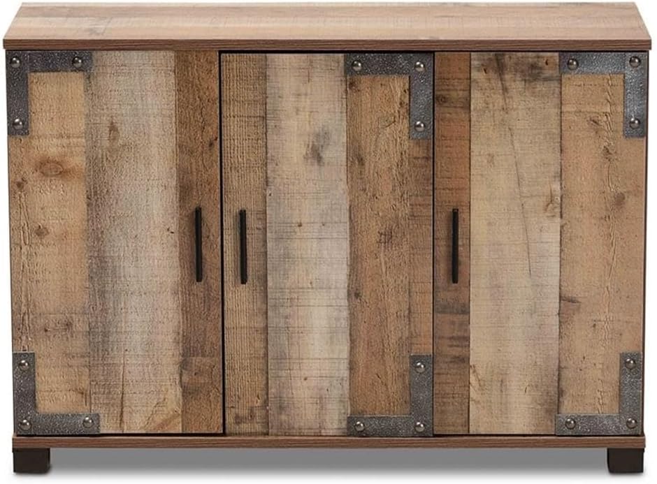 BOWERY HILL 3-Door Shoe Cabinet, Rustic Brown Finish, Engineered Wood and Metal Construction, 6 Shelves for Storage, Industrial Farmhouse Style Entryway Organization Furniture, 24.8" H x 35.4" W x