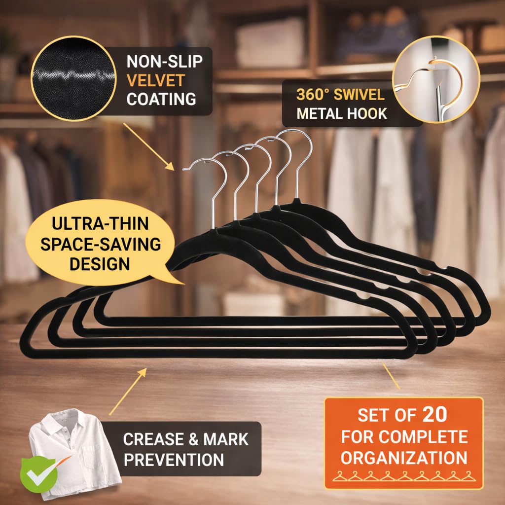 MARKET 99 Black Non-Slip Velvet Suit Hangers Set of 20 | Ultra-Thin Space-Saving Clothes Hangers with 360Β° Swivel Strong Hook | Durable Hangers for Coats, Shirts, Jackets & Dresses 3