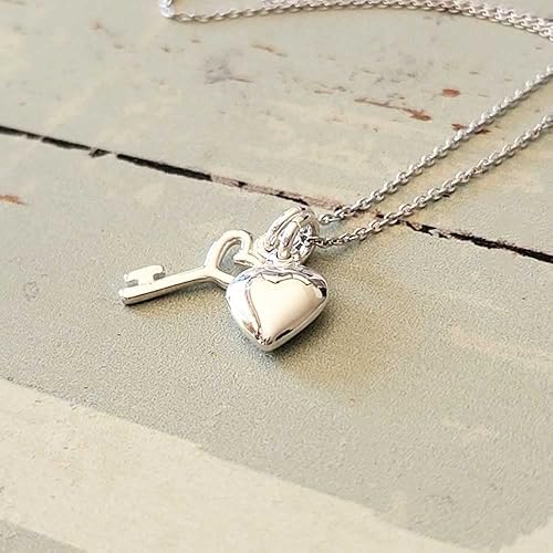 Miniatura 5 de Sterling Silver Tiny Heart Key Charm with Cute Tiny Heart Charm Sterling Silver Necklace, 18"