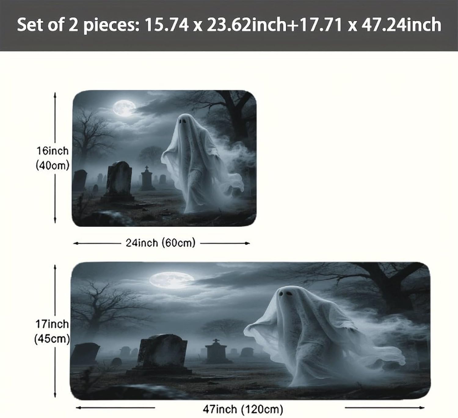 Cool Halloween Ghost Kitchen Mat Set of 2 Ergonomic Comfort Velvet Rugs Cushioned Anti-Fatigue Non-Slip Standing Mats Thick Kitchen Floor Mat Carpet Runner Rugs 16"×24"+17"×47"
