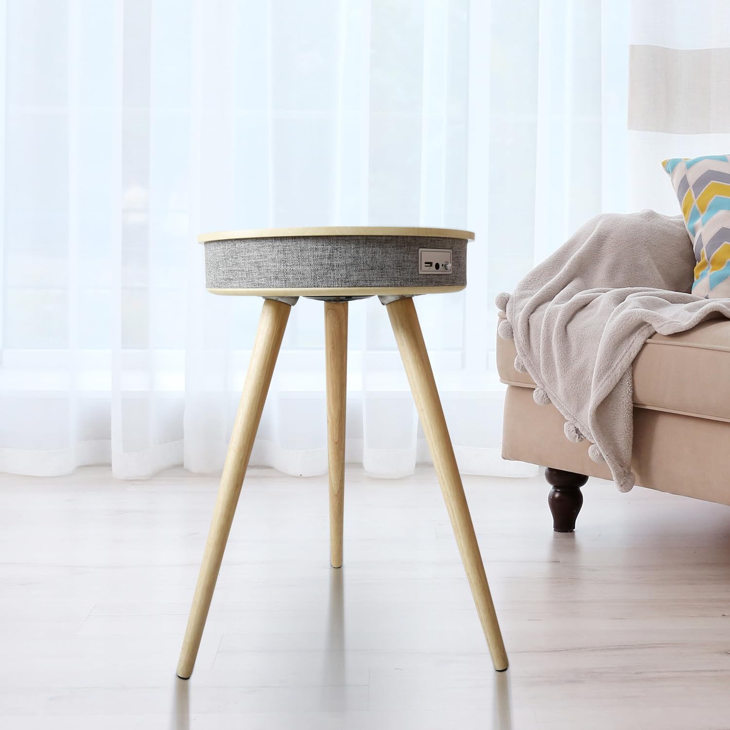 Tavolino Louis Donné Con Altoparlante Bluetooth 5.0 10W X2, Luci Sensore, Ricarica Wireless E USB – Pieghevole, Bianco