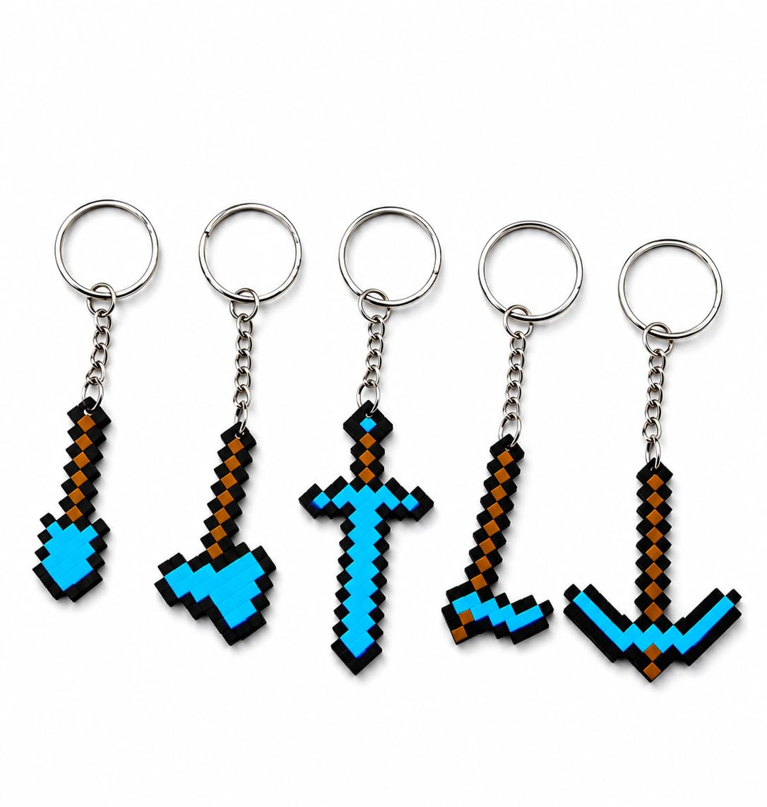 Pixel Art Gaming Tool Keychains, Blue, Black and Brown, Sword, Pickaxe, Axe and Arrow, 5 Piece Set, Party Favour for Kids-image-3