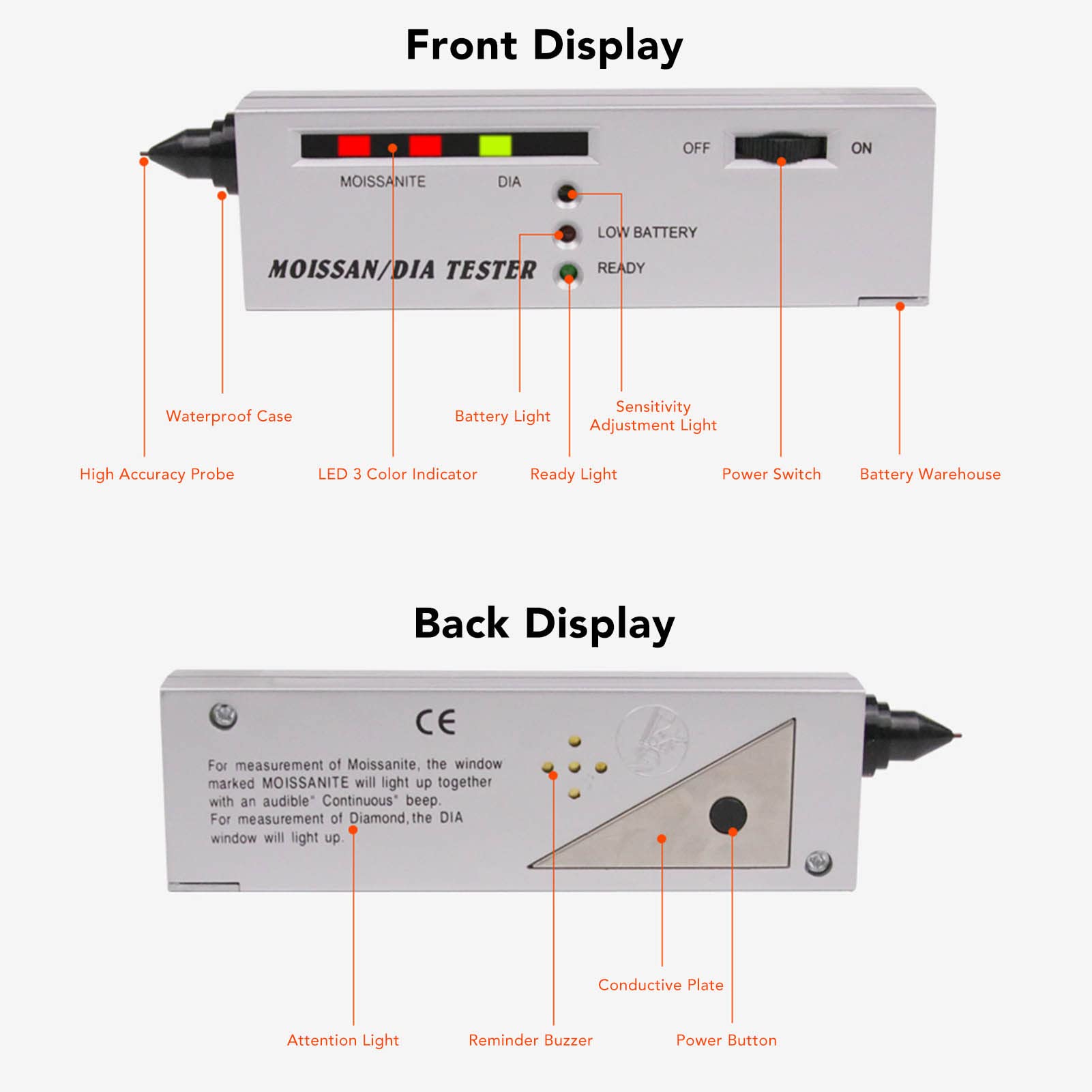 Testeur Professionnel Diamants Moissanite Haute Précision Détecteur Portable Non Destructif Indicateur LED Alarme Sonore Écran LCD Pile 9V
