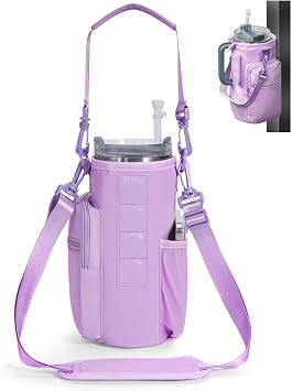 sportsnew 40oz Crossbody Water Bottle Holder Tumbler Carrier Bag Purple | Fits handled tumblers, phone pocket, adjustable crossbody strap, insulated lining, hands-free for walking, gym, everyday use