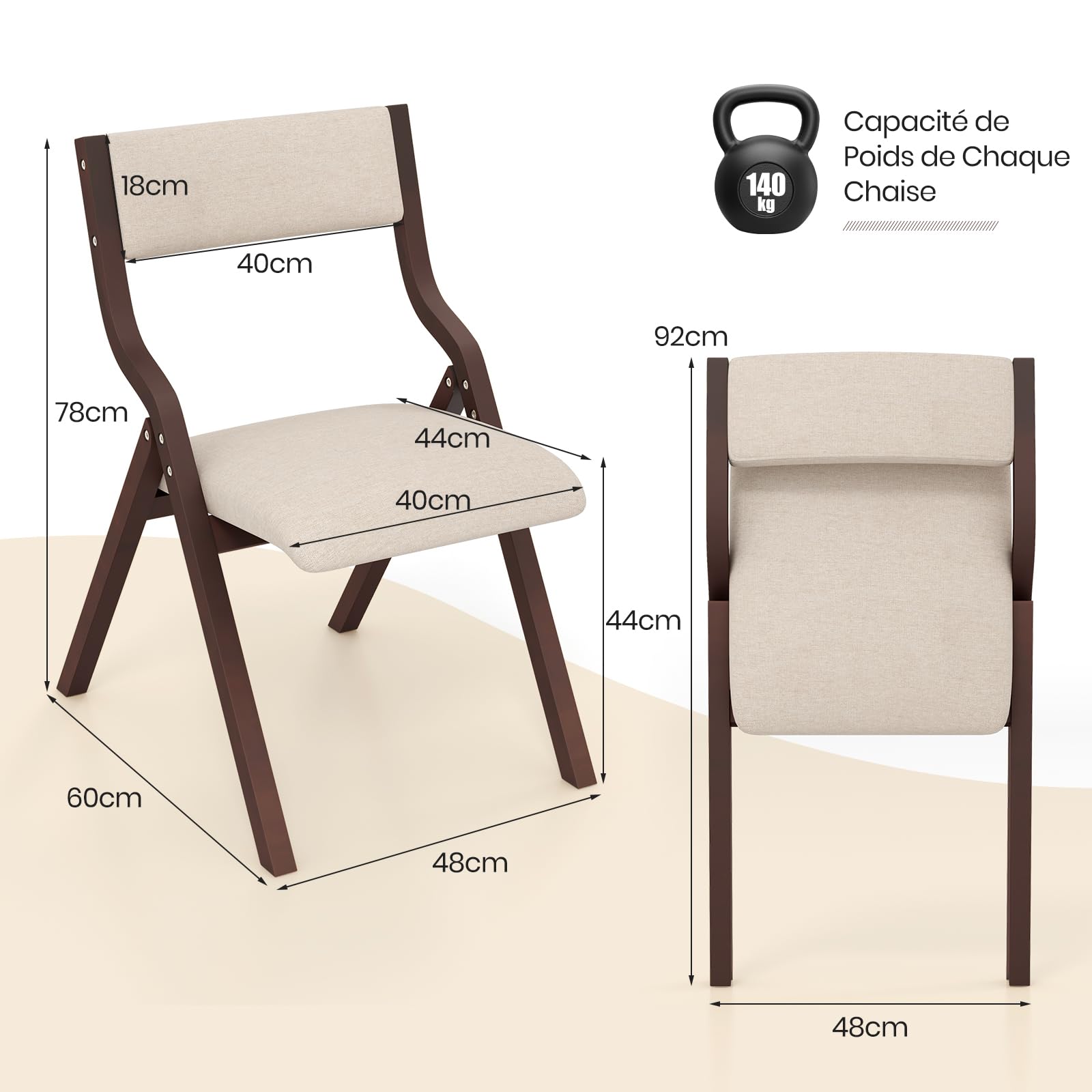 RELAX4LIFE Lot de 2 Chaise Pliante Bois, Chaise Pliable Salle a Manger avec Siège Rembourré, Cadre Courbé, Housse en Lin, Peu Encombrante, pour Cuisine, Salle à Manger, Bureau (Noyer,1)