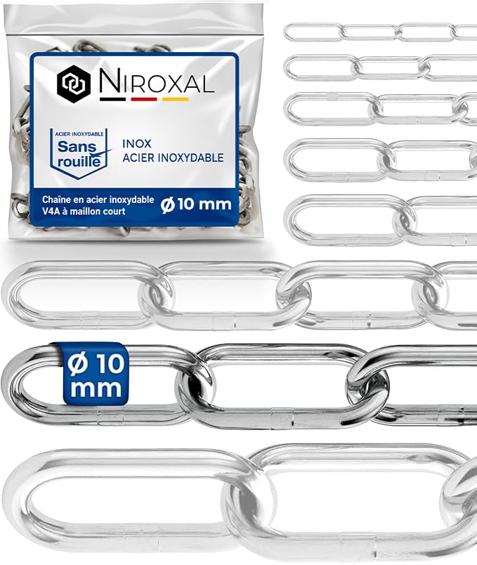 12-mètre 10-mm d'épaisseur chaîne en acier inoxydable V4A lien longue de NietFullThings en un seul morceau anchor chain DIN 5685 DIN 763 12-m