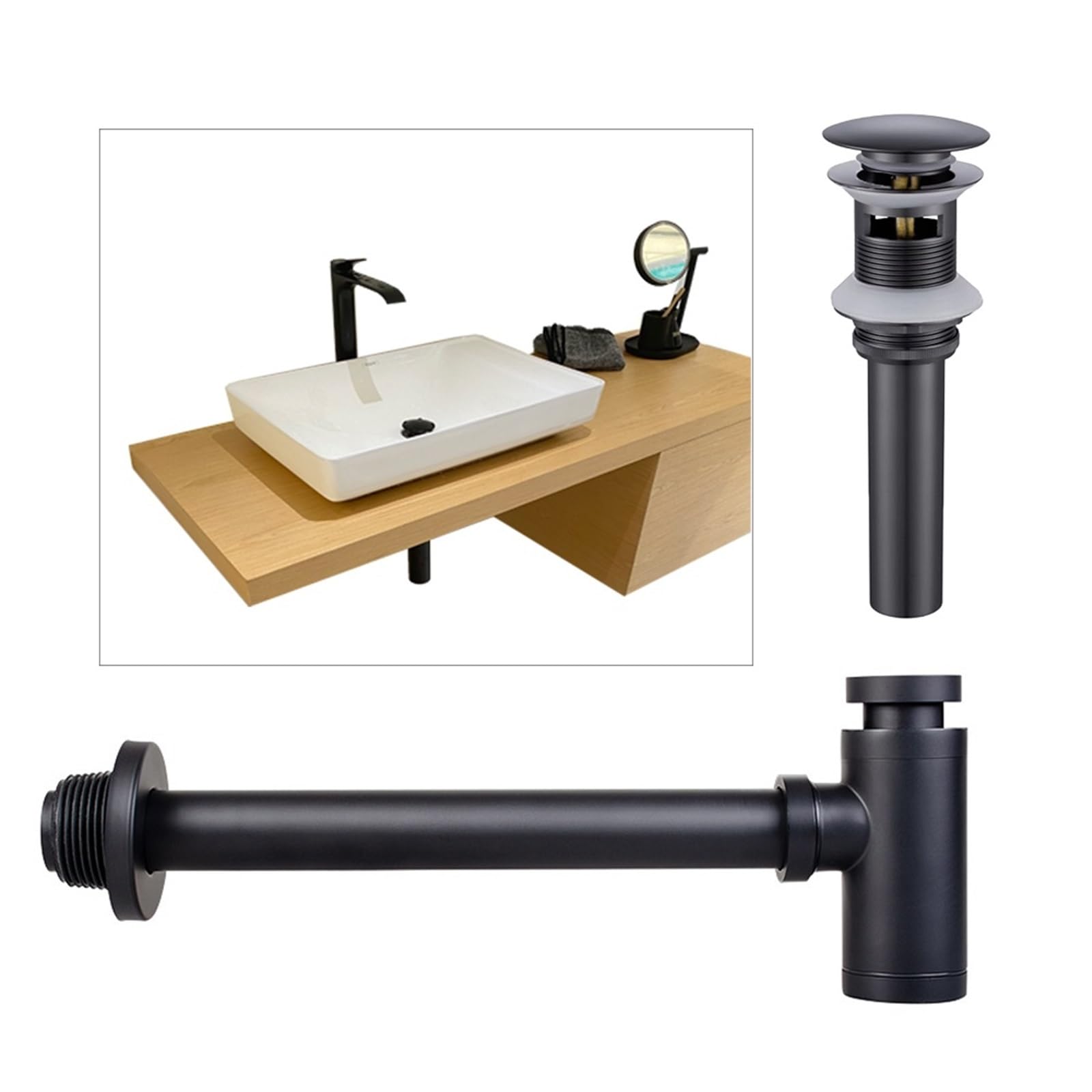 Sifón for lavabo de baño, moderno, con filtro emergente, tapón y sifón negro Para Lavabo De Baño y Lavabo(Fullset Overflow)