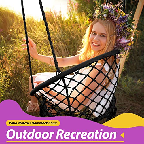 Patio Watcher Hammock Chair Hanging Macrame Swing With Cushion And Hardware Kits, Max 330 Lbs, Handmade Knitted Mesh Rope Swing Chair For Indoor, Outdoor, Bedroom, Patio, Yard, Deck, Garden, Black #TOP2