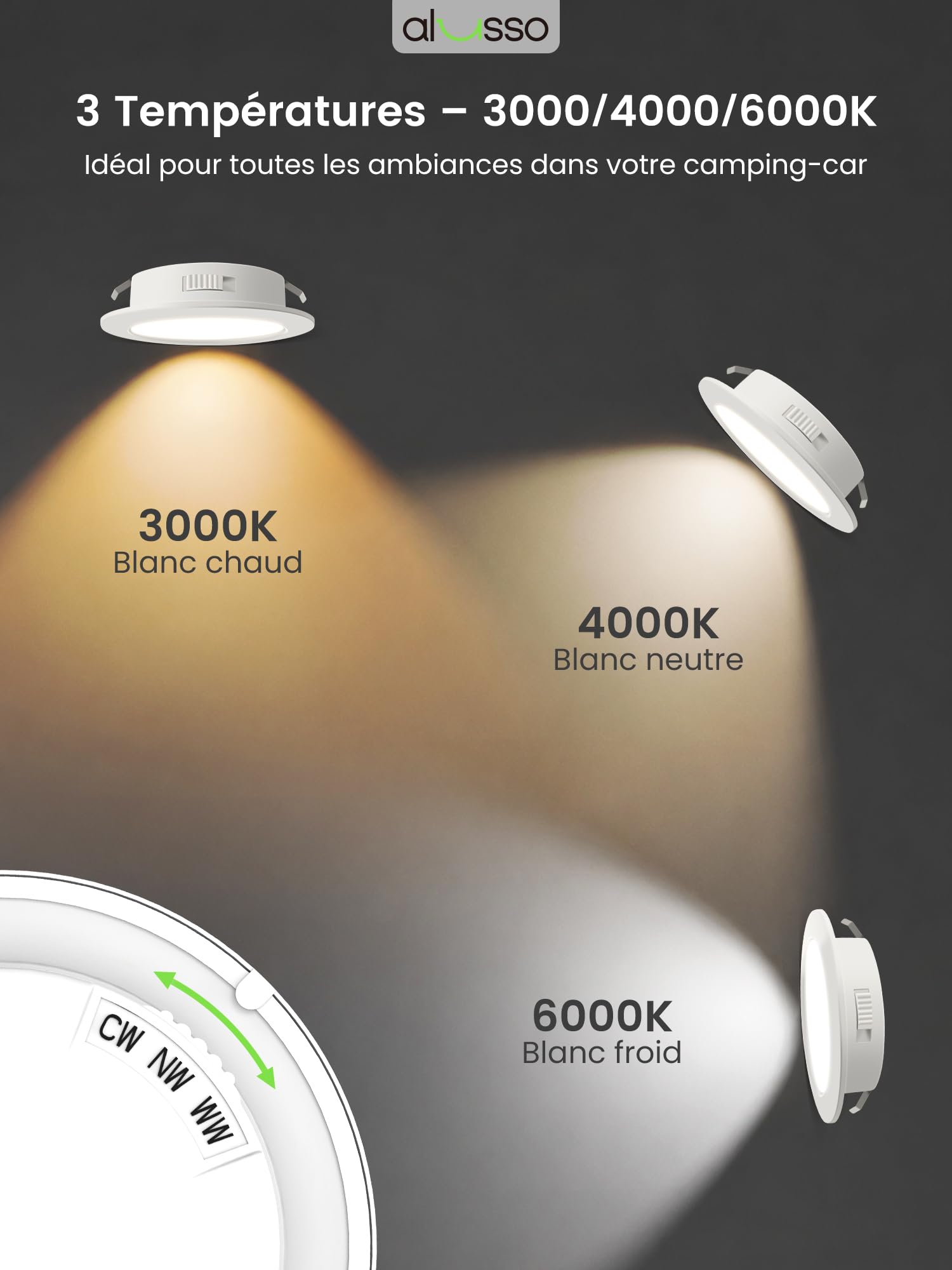 ALUSSO Lot de 6 spots LED encastrables 12V 4W équivalent 40W 3000K 4000K 6000K Blanc