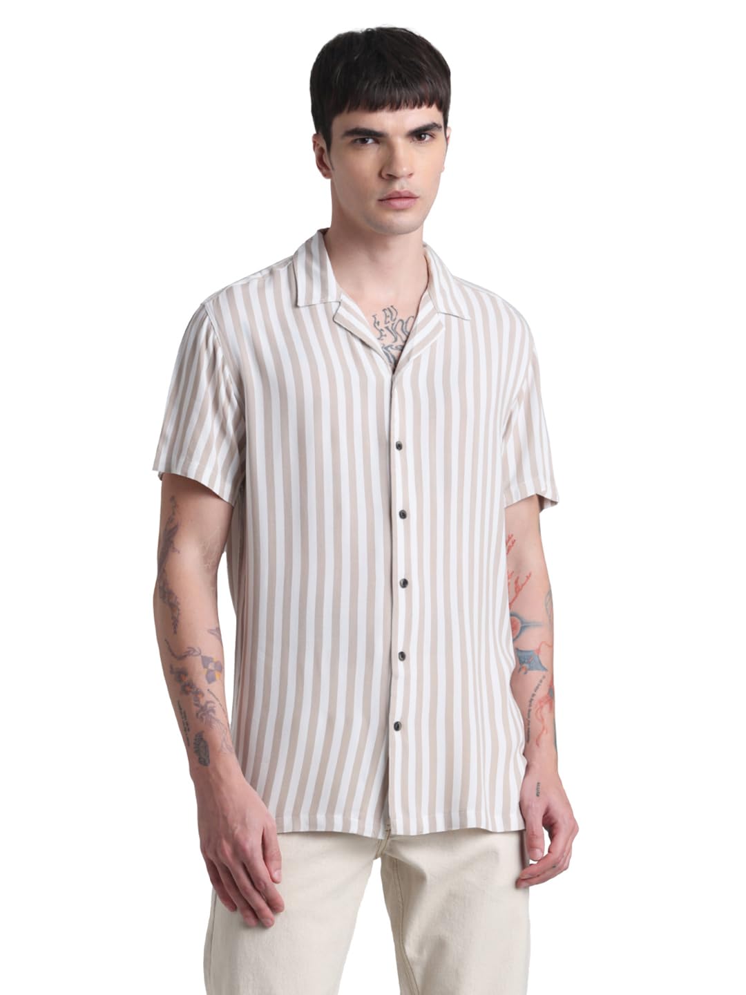 JACK & JONES Men's Jjjeff Resort Stripe Shirt SS Relaxed Shirt, Crockery, S