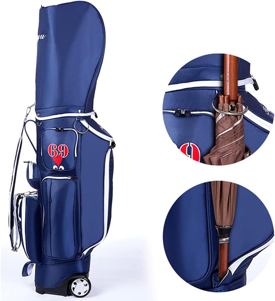 Golf Clubs Cart Carry Bag with Wheels with 5 Way Dividers, Portable Lightweight Golf Trolley Bag with Shoulder Strap, Blue