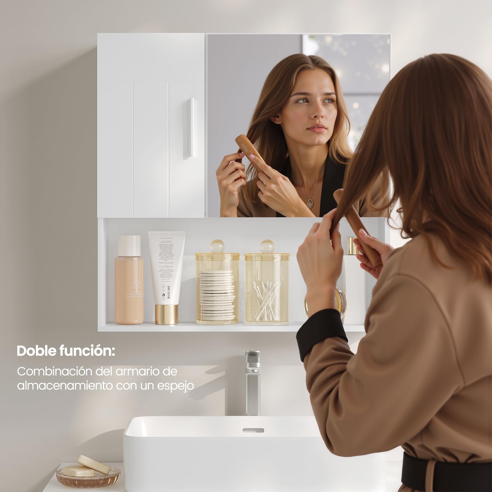 EUGAD Armario Baño de Pared, Mueble Baño con Espejo, Armario Colgar de Baño con Puerta y Estante Ajustable, 4 Compartimentos Interiores y 1 Abierto, MDF, Blanco