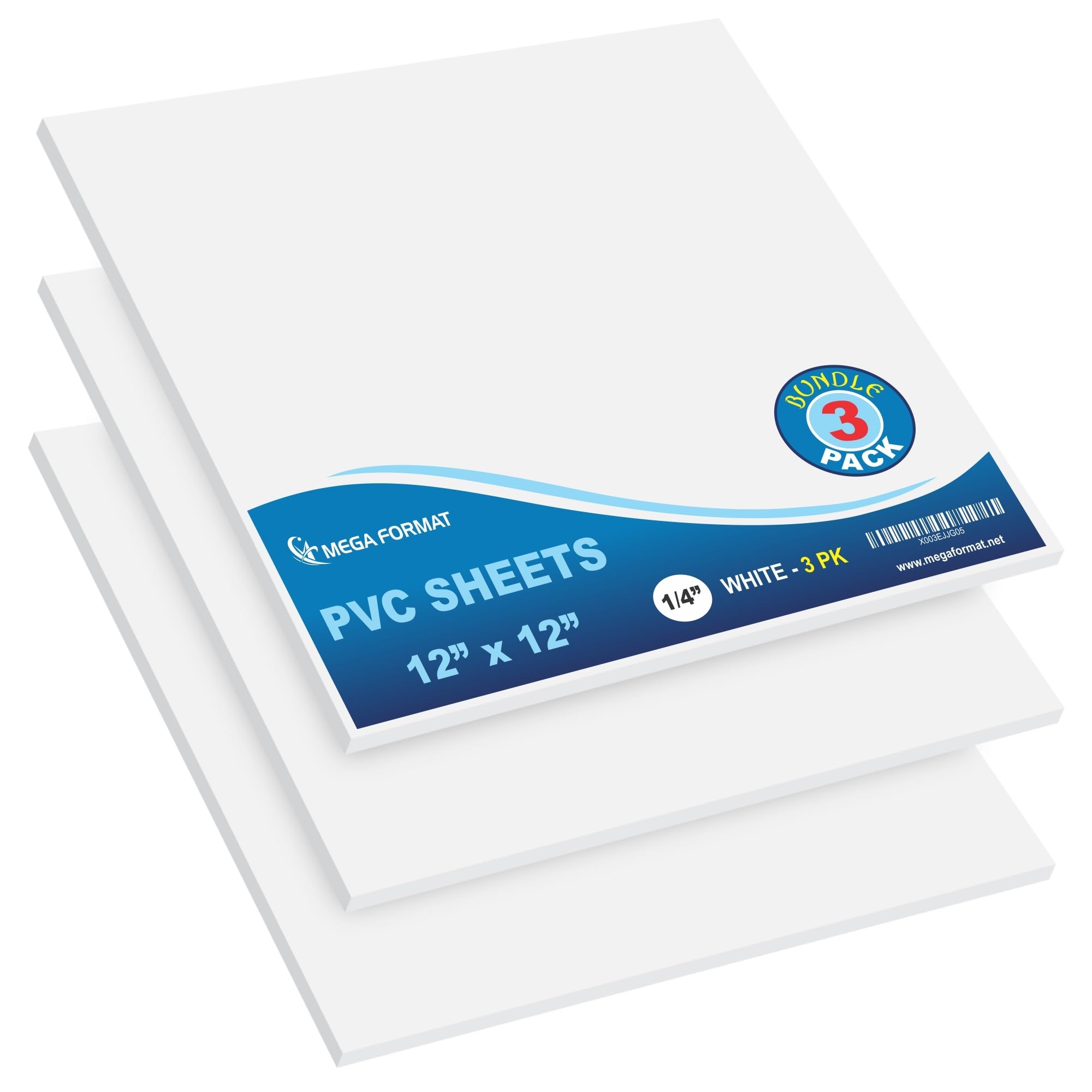Mega Format Expanded PVC Plastic Sheets - 12" X 12" Rigid White Sheet for Crafts, Signage, & Displays - Sintra, Celtec PVC Board - Waterproof for Outdoors Use - 1/4" 6mm Thick - 3-Pk-White
