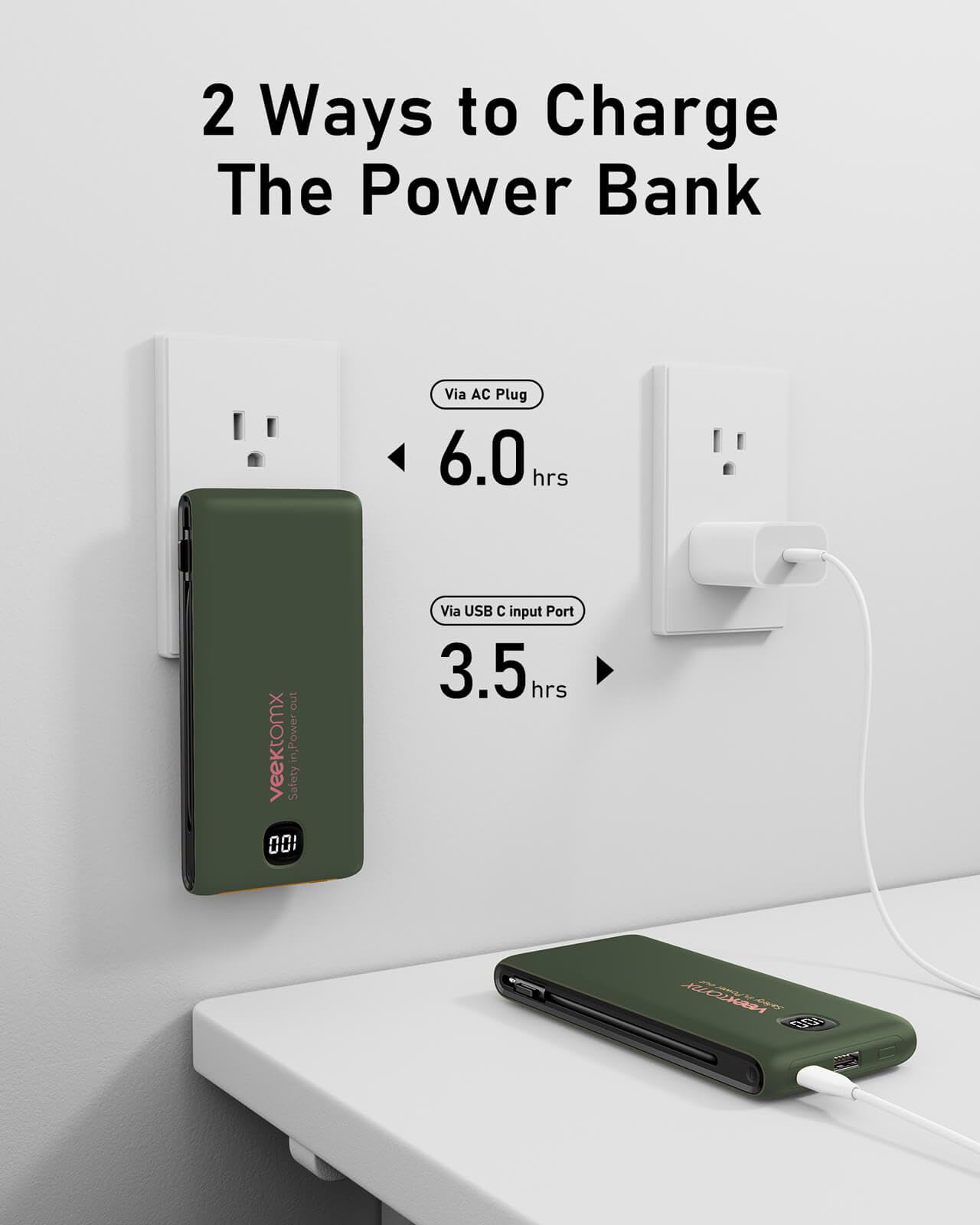 VEEKTOMX 10000mAh Portable Charger with Built-in Cables & Wall Plug view 4
