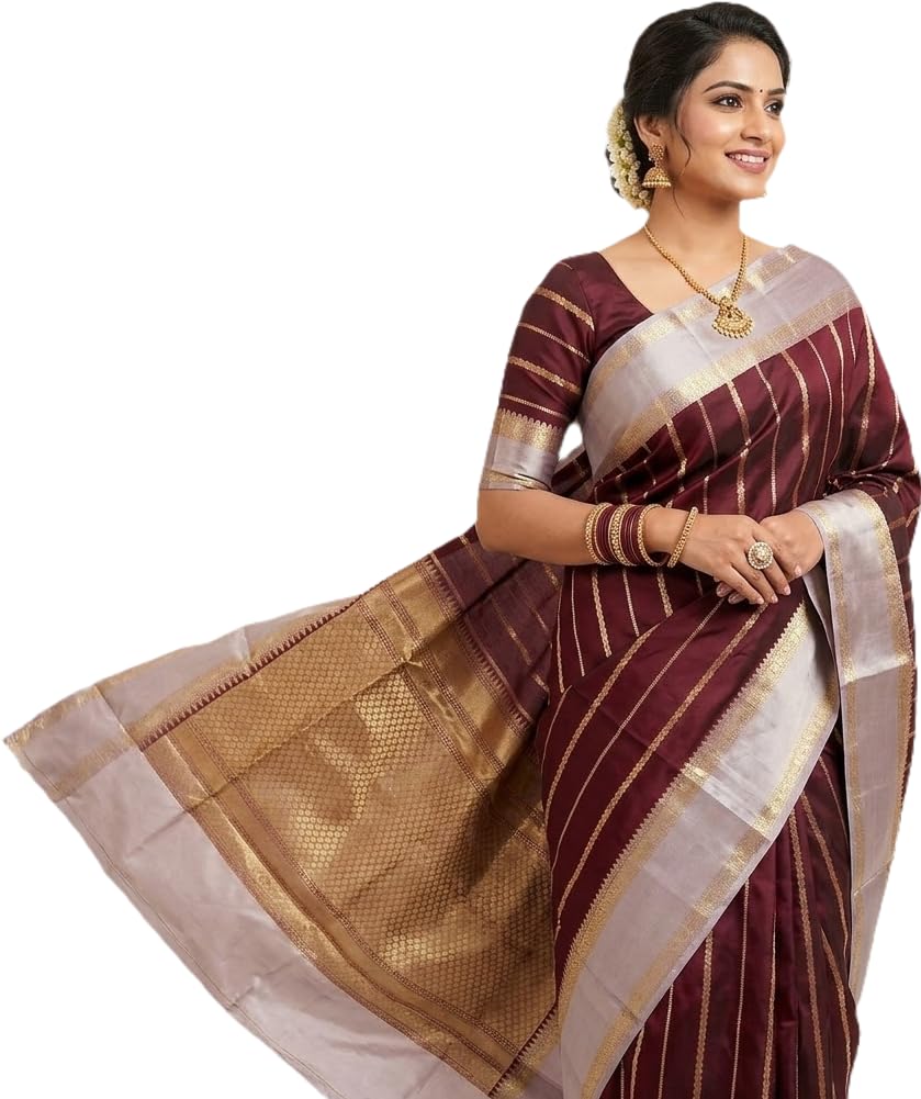 Star Silk Banarasi Kora Muslin Saree, Orange, Gold Zari Border, Woven Design, with Blouse Piece, Wedding & Festive-picture-20