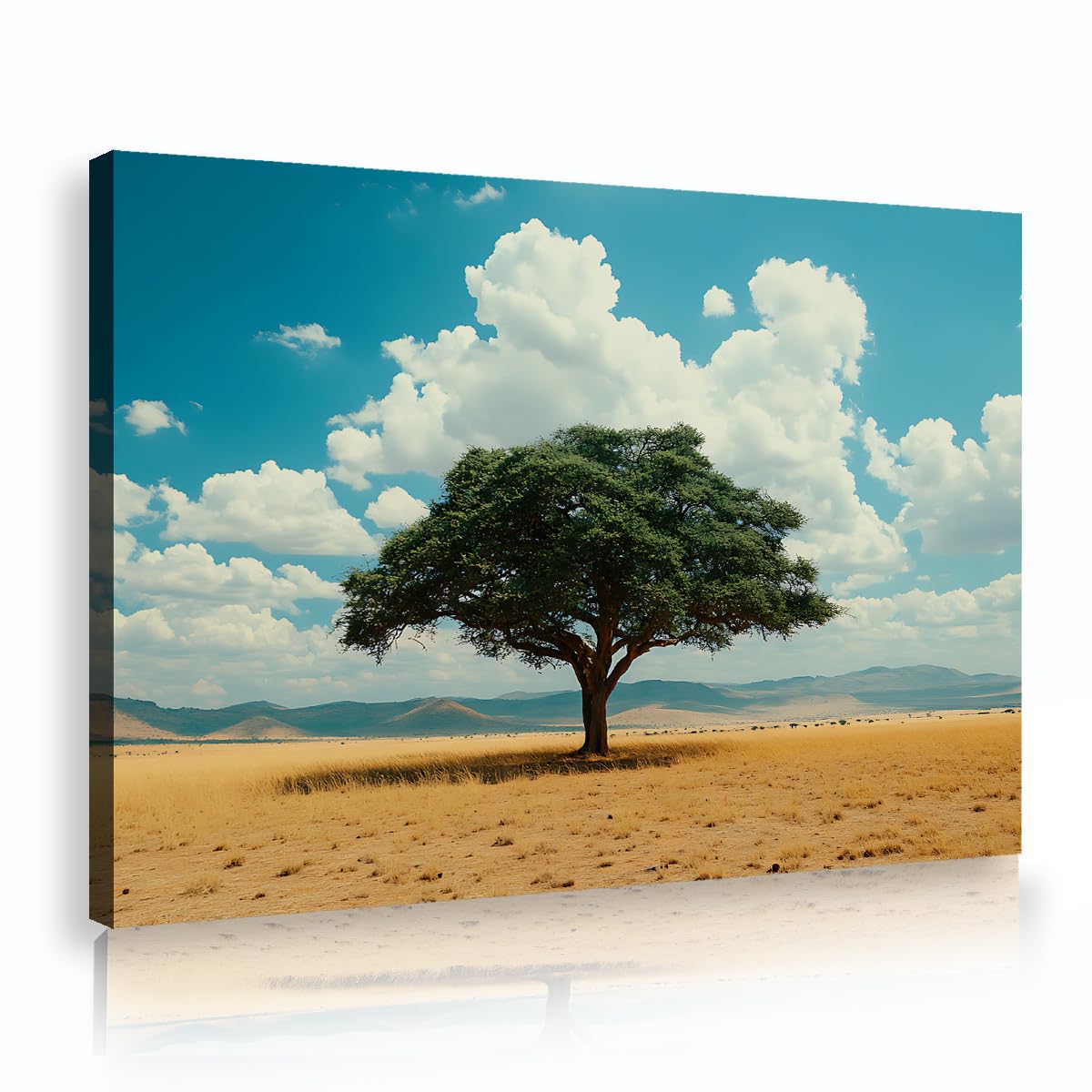 Via Vela African Savanna Wall Art Canvas Poster Large Oak Tree Desert Landscape Painting White Clouds Nature Picture Print for Living Room Entryway Decor 70x110cm