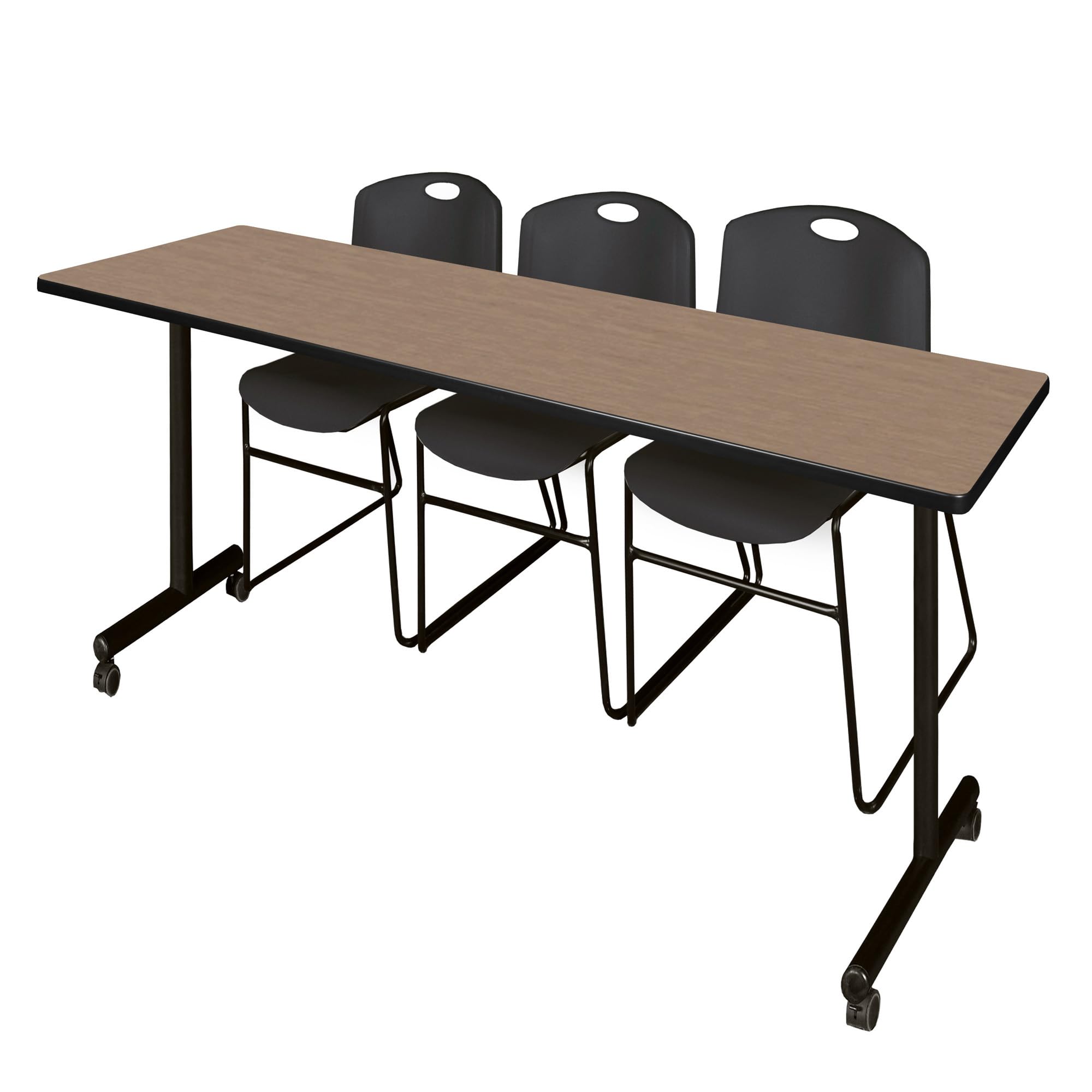 Regency Kobe 84 x 24 in. Mobile T-Base Training Table- Noble Oak, 2 Zeng Stack Chairs- Black