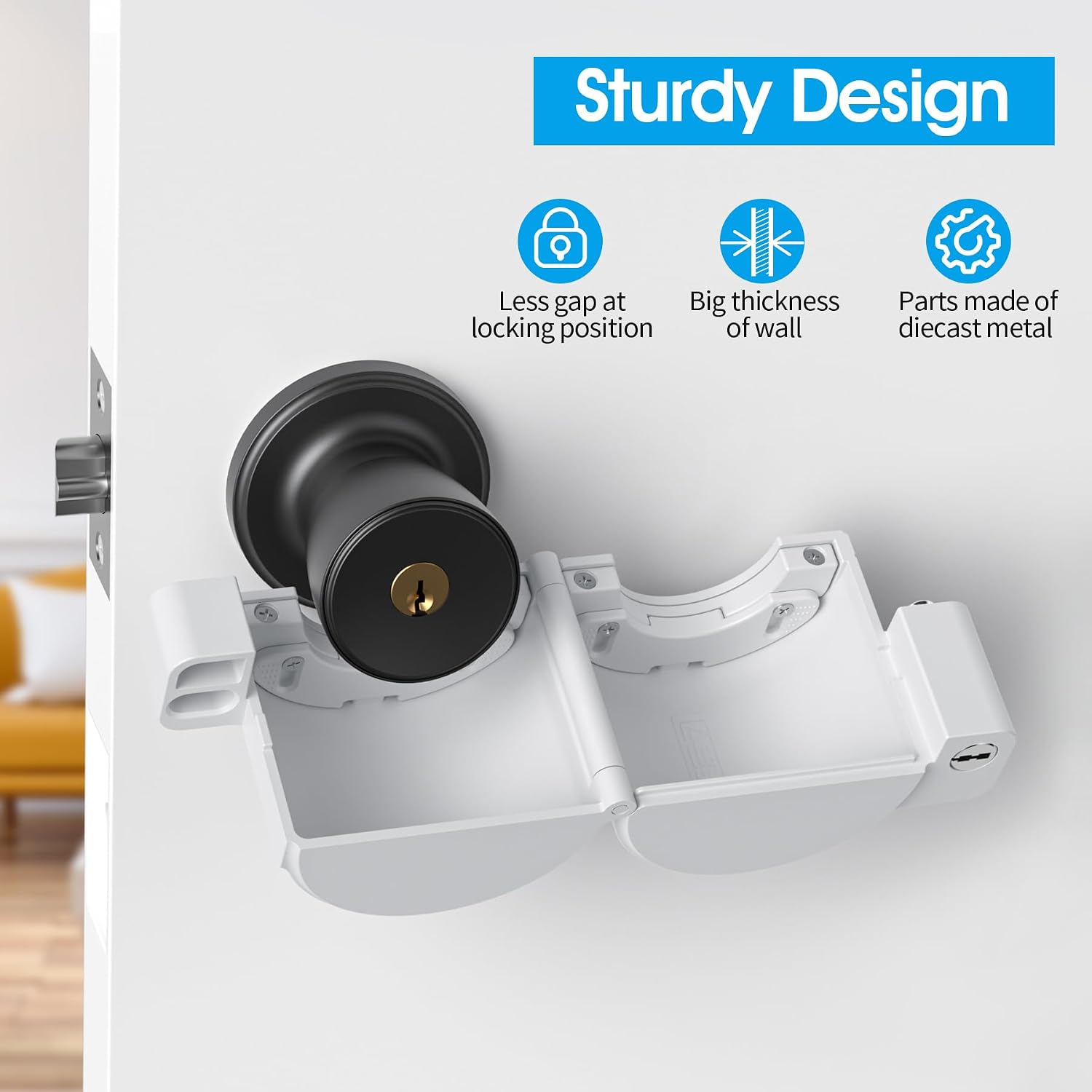 AST Door Knob Lockout Device with 3 Keys, Childproof Door Knob Covers, Lock Out to Smart Doorknob. Safety Cover for Faucet, Valve, Spigot. Prevent Access to Keyhole, Matte White with Brass Keys