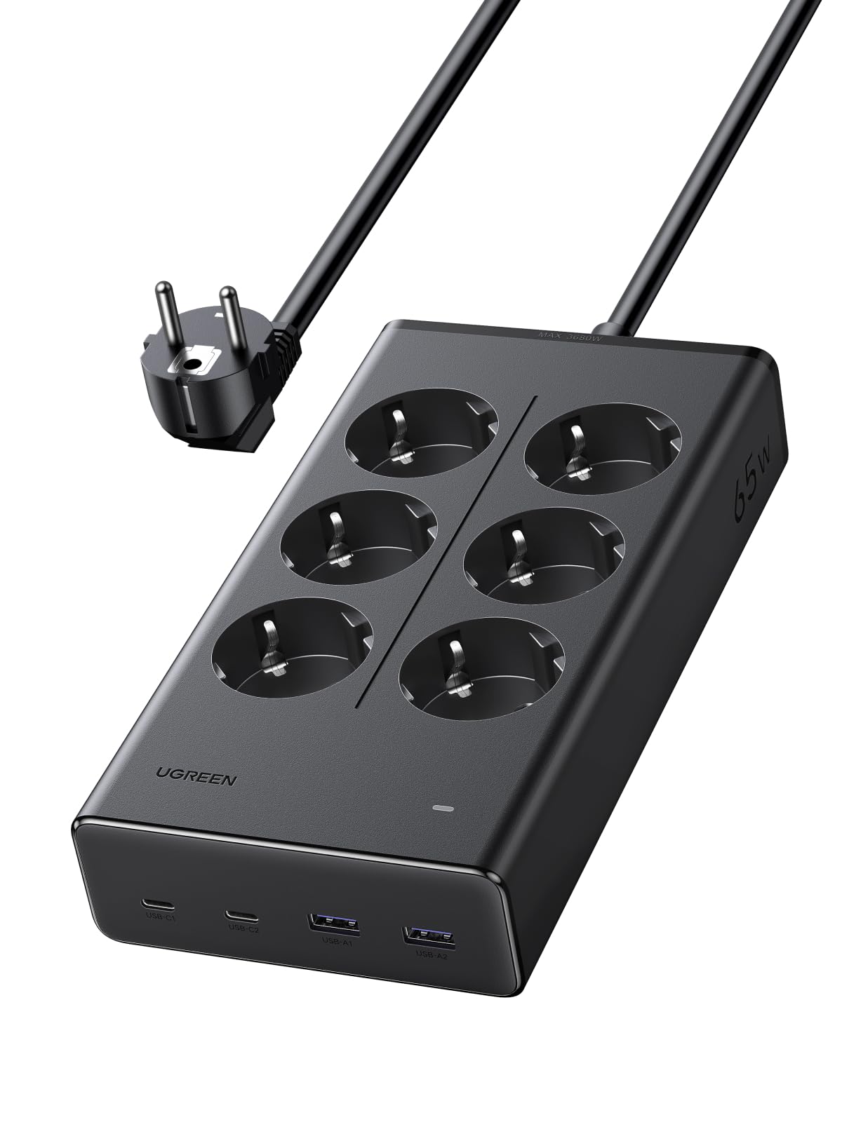 UGREEN 10 EN 1 Regleta Enchufe PD 65W USB C Multiple 6 Tomas AC 3680W 16A | 2 USB-C 2 USB-A, 1.6M Extension Negro, Interruptor, Power Strip GaN Inteligente Ladron Plano, Proteccion Sobretension Oficina