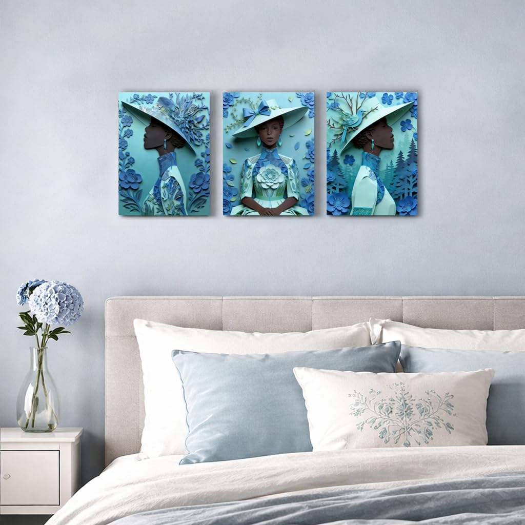Artiluxy Blue Fashion Wall Art Canvas Set of 3, 12x16 Inch Elegant Woman Paper Cut Style Portraits, Modern Vertical Aesthetic Canvas Prints for Bedroom Home Decor (Blue)