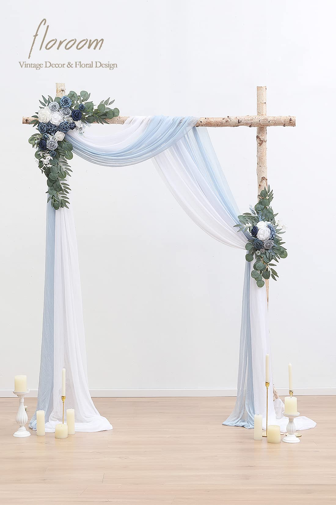 floroom Flowers with Drapes Kit (Pack of 4) - 2pcs Artificial Dusty Blue & Navy Blue Floral Swag Arrangement with 2pcs Draping Fabric for Wedding Ceremony Arbor and Reception Backdrop Decoration