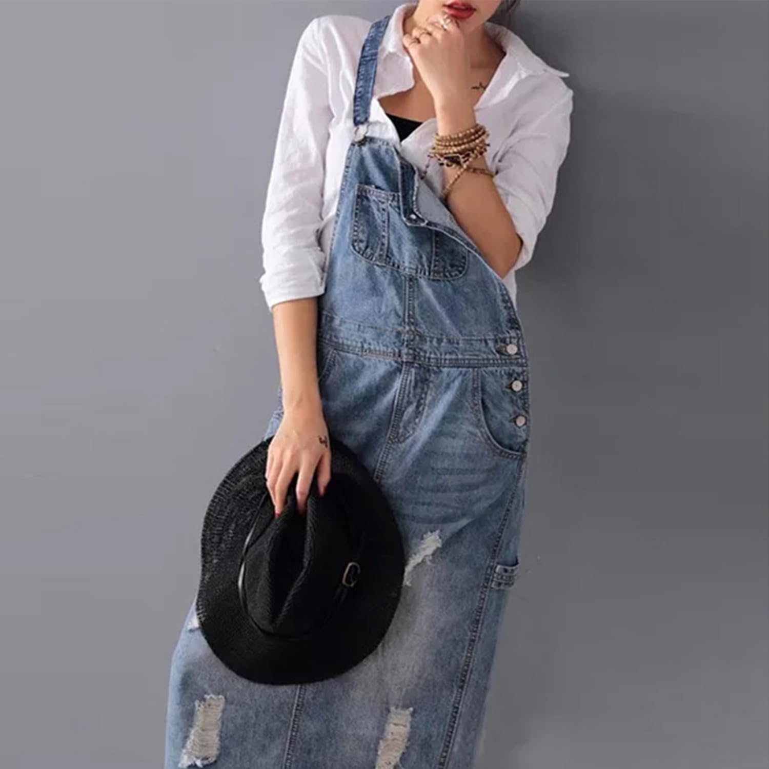 Femmes Vintage Classique Bretelles Longues Jupes Denim Délavé Délavé Salopette Robe Jupes Trous Déchirés Salopette Pinafore Salopette