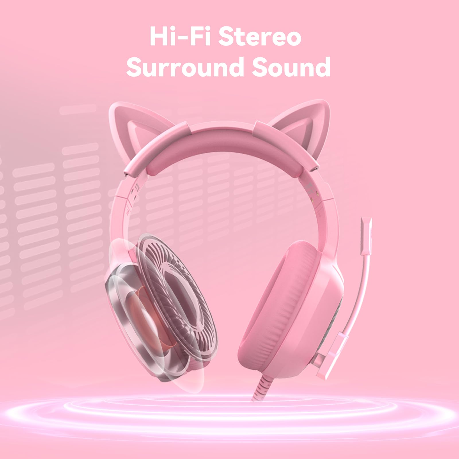 IMYB Gaming Headset mit Katzenohren abnehmbaren, RGB-Licht, Stereo Surround Noise Cancelling, Mikrofon für PC, PS4, PS5, Xbox One X/S, Mac, Laptop (Rosa)