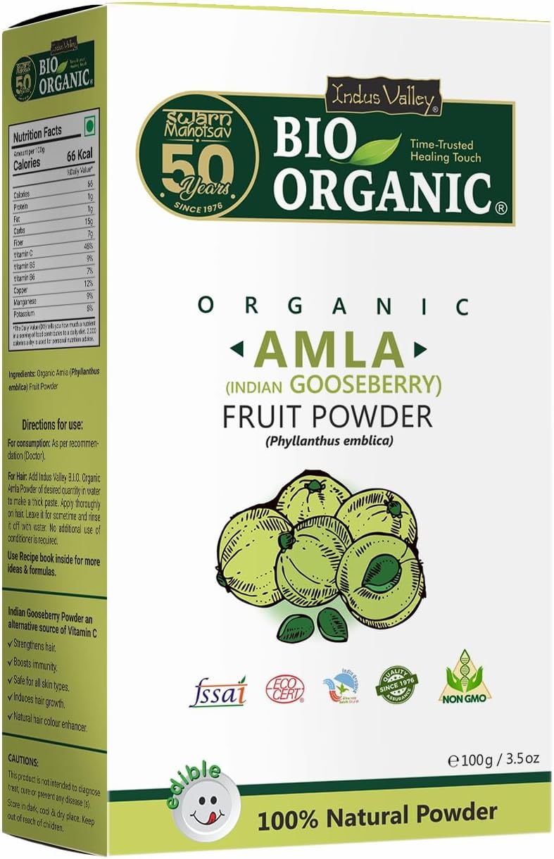 INDUS VALLEY Bio Organic Amla Powder (Indian Gooseberry) | 100% Natural Fruit Powder | For Hair Care, Skin Care & Dietary Use | Rich in Antioxidants | 100g