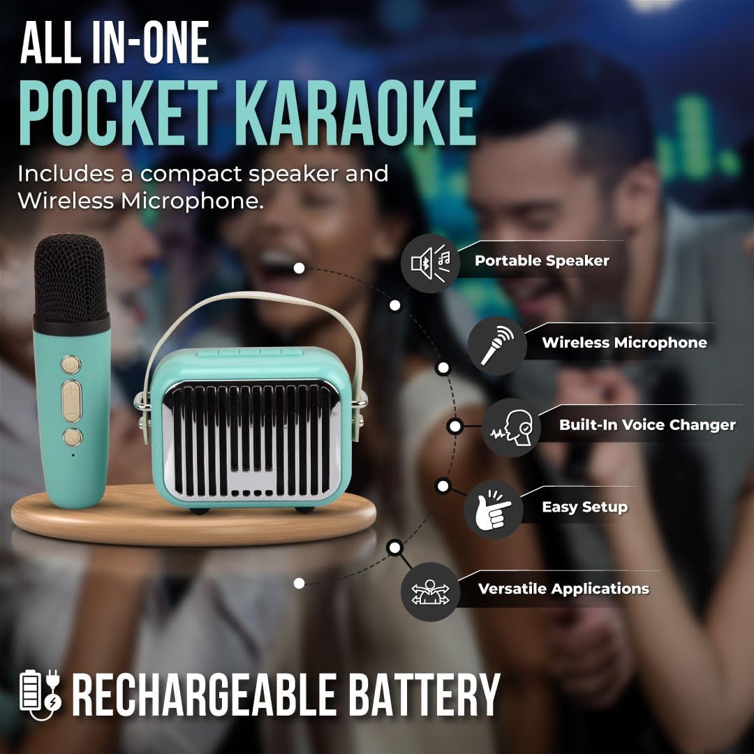 Diagram showing features of the All-in-One Pocket Karaoke system