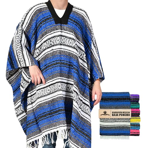 Image of Artisans Bazaar Traditional Mexican Baja Poncho Men and Women Authentic Gaban Serape Sarape Blanket Pancho Jorongo Cowboy, Blue, One size