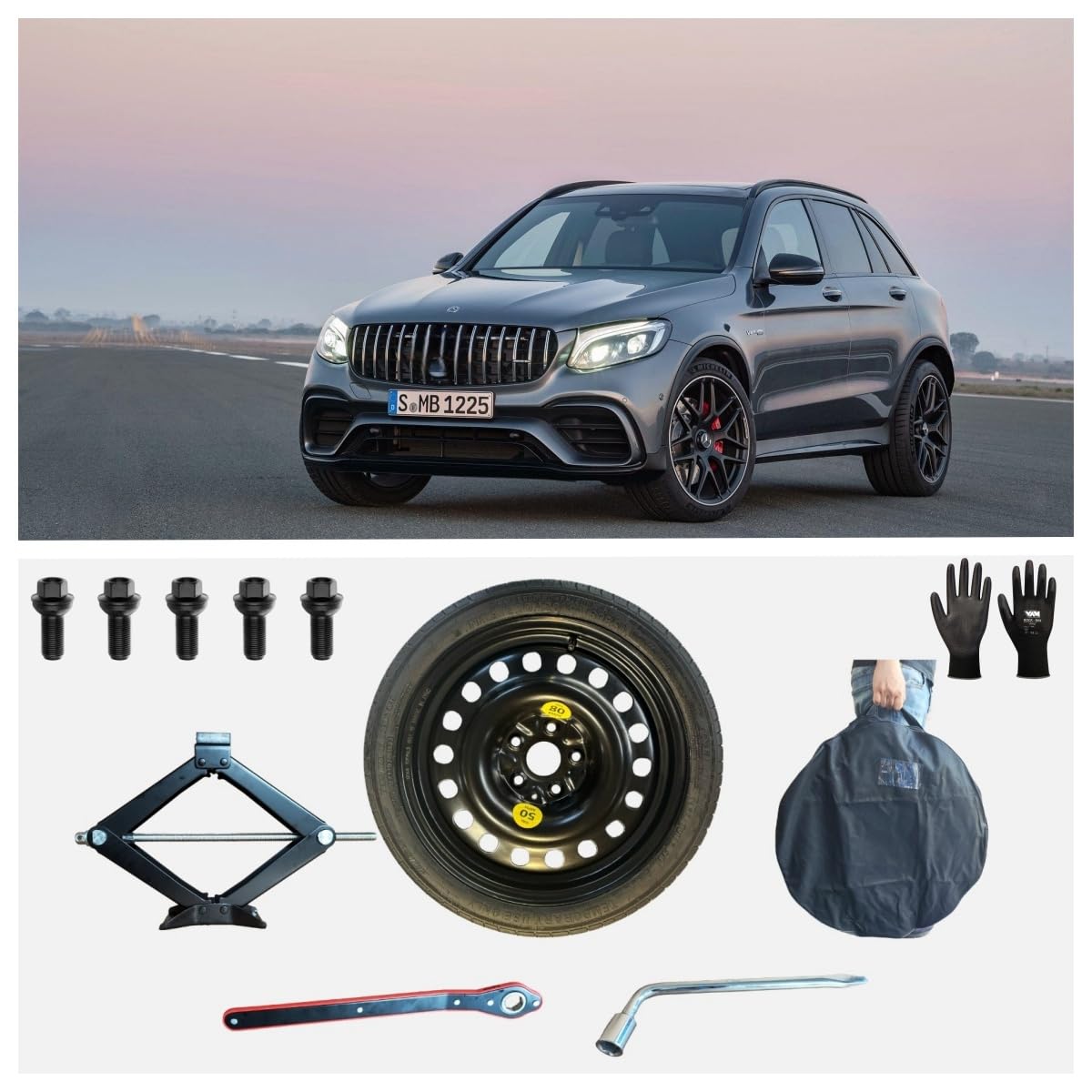 Kit Rueda de Repuesto de 19" Compatible con Mercedes GLC con Gata, Llave, Guantes y Funda 155/80R19