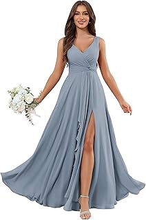 V Neck Bridesmaid Dresses for Women Chiffon Pleated A Line Formal Party Dress with Slit - Buy now