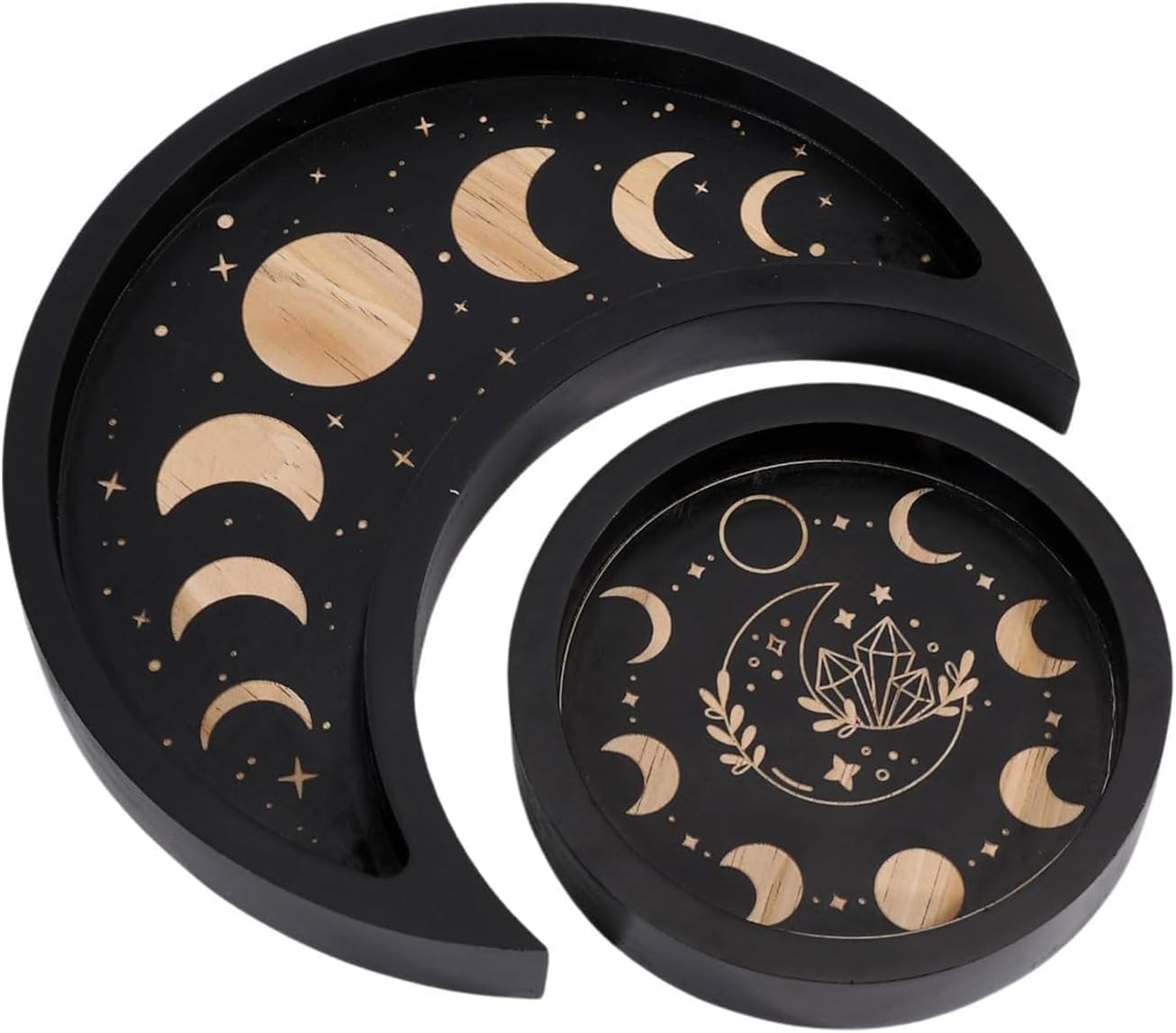 GLOBLELAND Crescent Moon Tray Crystal Holder Set for Stones Display Black Wooden Crystal Tray with Round Jewelry Dish Essential Oil Holder Witchy Gifts for Women
