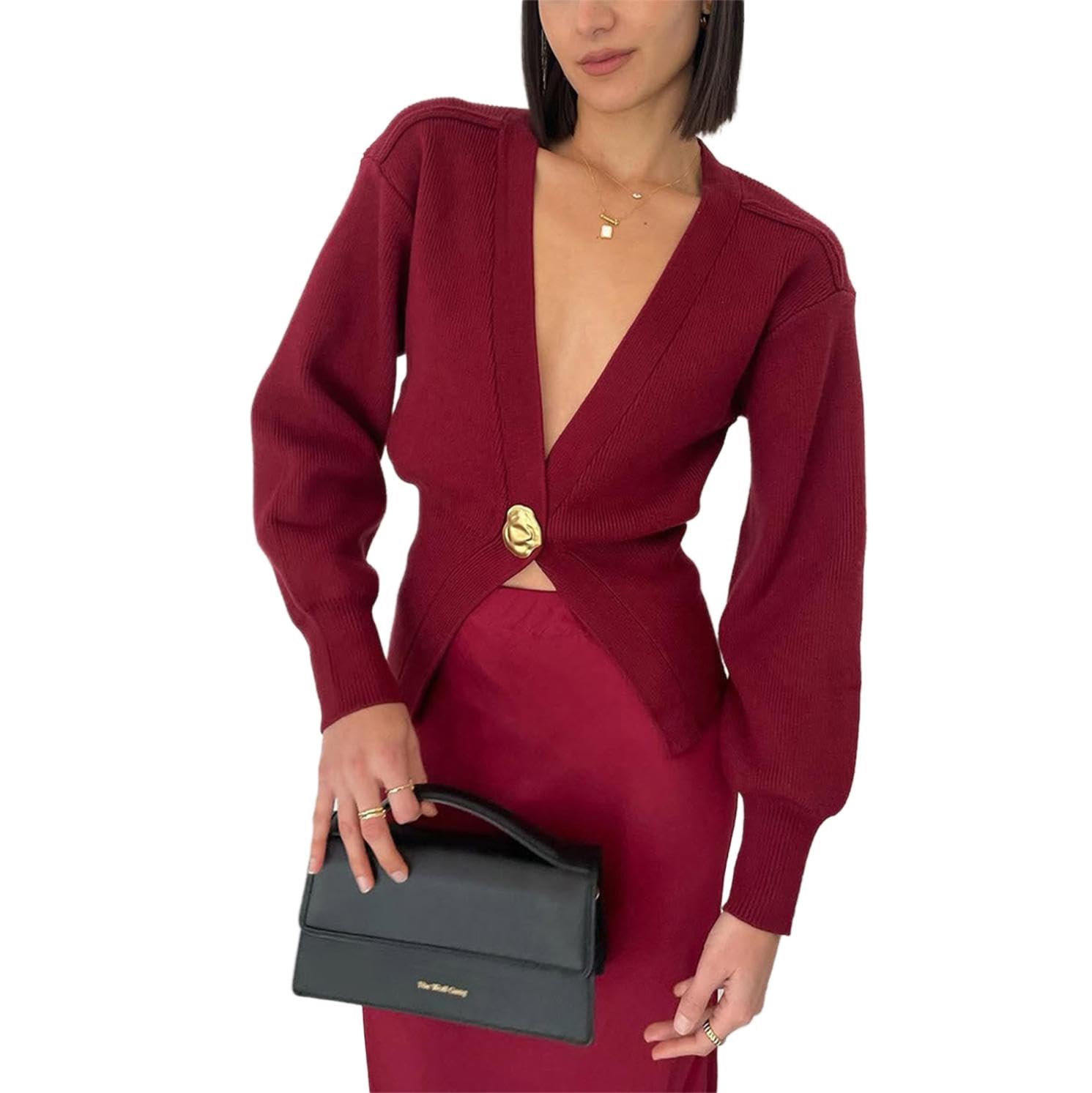 watersouprty Womens Solid V Neck Long Sleeve Knit Button Down Cardigan Sweaters
