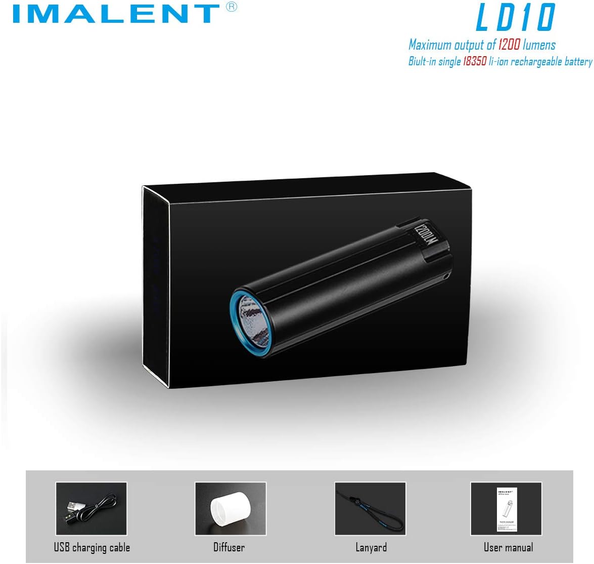 IMALENT LD10 package contents including flashlight, USB charging cable, diffuser, lanyard, and user manual