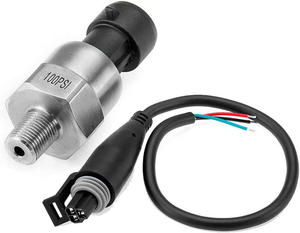 100 PSI Pressure Transducer Sender Sensor with Connector - 1/8 inch 27 NPT Thread Stainless Steel Pressure Sensor for Oil, Fuel, Air, Water