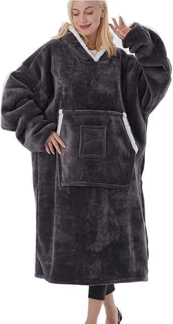 NIULAA Oversized Hoodie Blanket Long with Sleeves,Sherpa Fleece Hooded Blanket Men Velvet Blanket Jumper Sweatshirt Grey,Soft Warm Wearable Snuggle Hoodie Blanket Gift for Women Adults