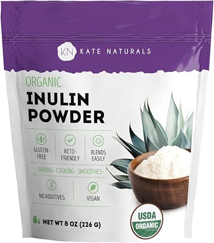 Kate Naturals Polvo de inulina orgánico de Blue Agave (8oz) de fibra prebiótica soluble para café, yogur y batidos
